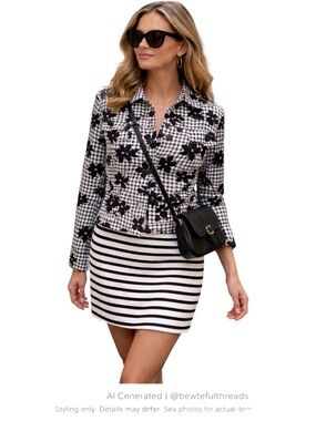 Parisian Chic Gingham Floral Stretch Jacket Black White Button Front 10